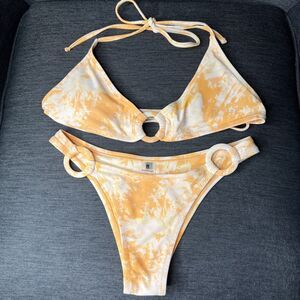 Blackbough Swim Women’s Tie Dye Triangle Top 2 Piece Bikini Small Orange White